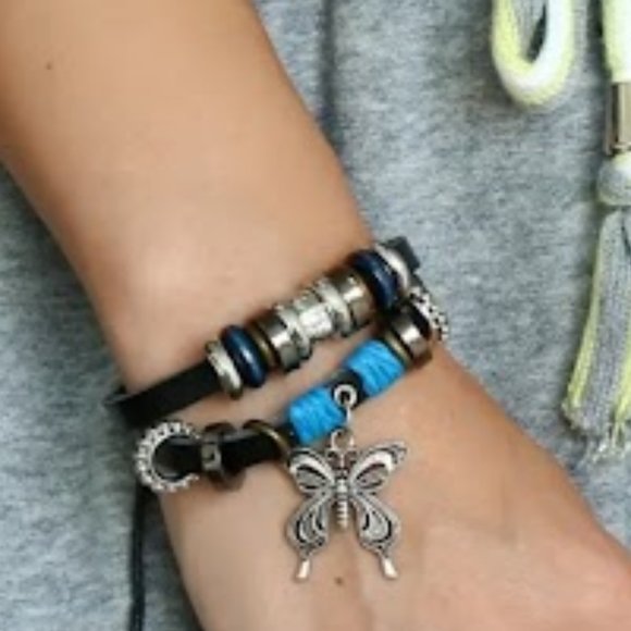 Vintage Butterfly Black PU Leather Adjustable Wrap Bracelet Adjustable Length - Picture 2 of 4